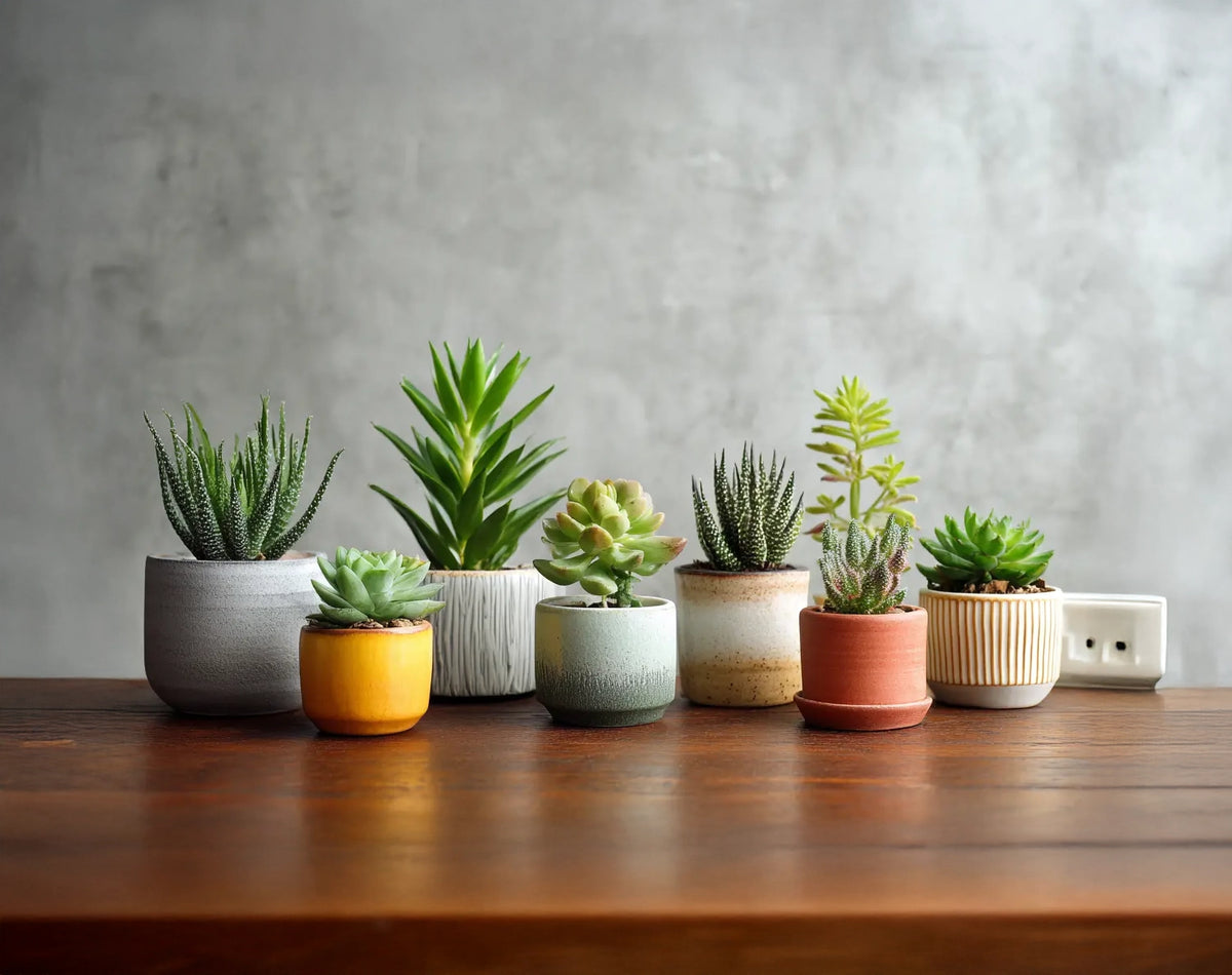 Small succulents in colourful indoor planters on a wooden table